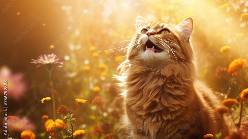 A cute fluffy kitten is watching a flying butterfly in a summer green sunny meadow and trying to catch it.