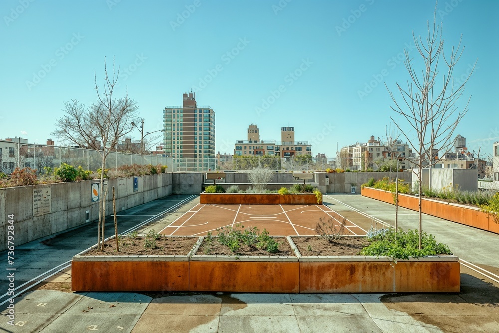 Springtime in an Urban Garden with Raised Beds and Cityscape