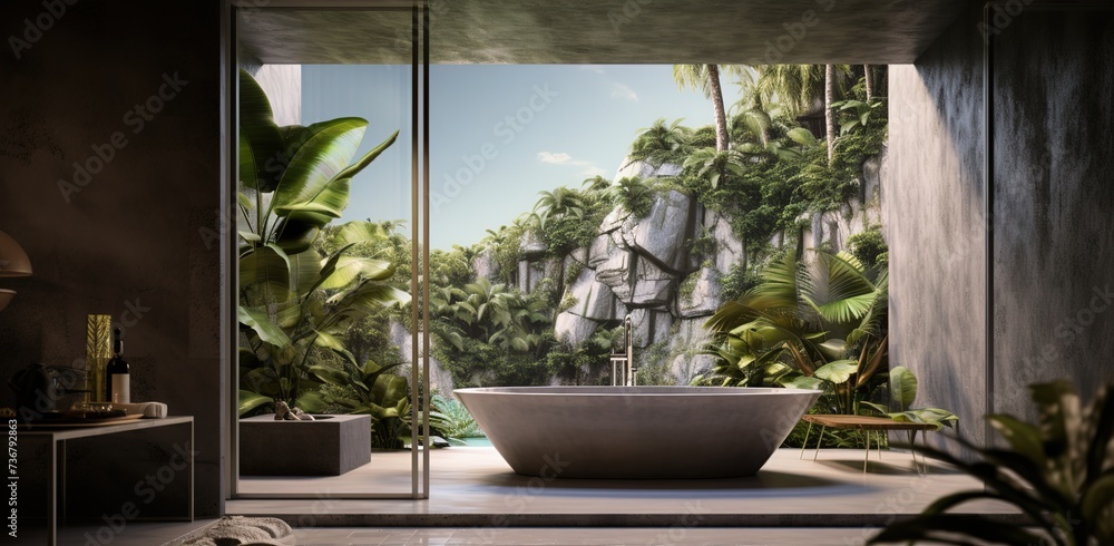 Fototapeta premium bathroom room ideas, including bathtub, glass, towels, shower, shelf table which are simple and minimalist but still give the impression of being clean and elegant. kamar mandi