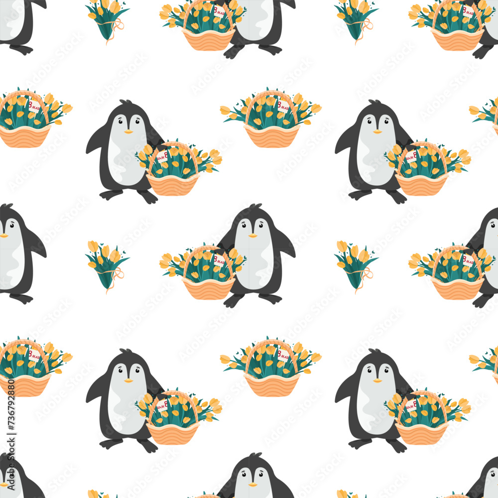 Obraz premium A seamless pattern depicting penguins with yellow tulips, bouquets of tulips, baskets with tulips. International Women's Day.Postcard for March 8. Words of congratulations on Women's Day.From March 8