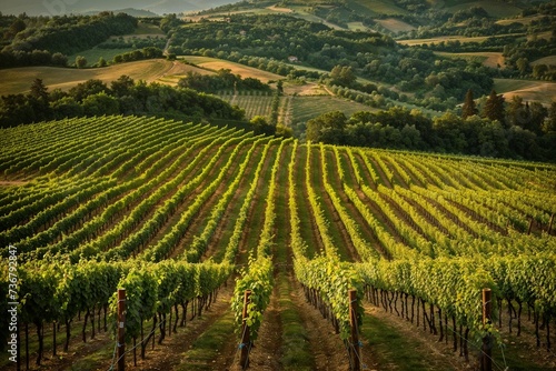 Sunset Over Rolling Hills of Vineyard in Tuscany