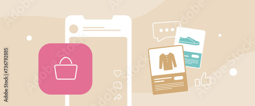 Social Selling - Mobile Commerce Online Shopping concept. digital marketing and mobile commerce through social networks. Shopping experience is just click away on smartphone. Vector illustration