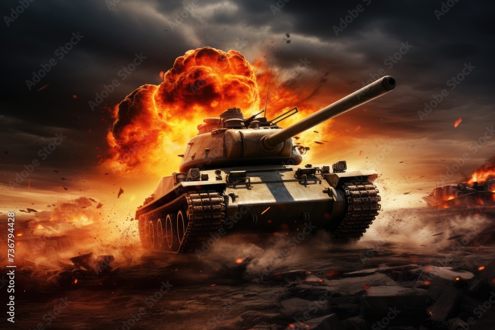 War tank firing, a armored tank shooting of a battle field in a war. bombs and explosions in the background. fire smoke and ash everywhere. Ai generated