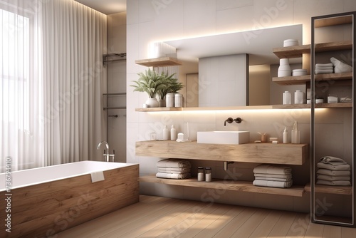 Fototapeta Naklejka Na Ścianę i Meble -  bathroom room ideas, including bathtub, glass, towels, shower, shelf table which are simple and minimalist but still give the impression of being clean and elegant.