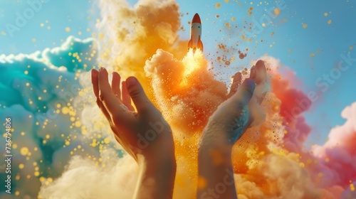 A rocket takes off from a kid's hands, and a spaceship starts flying up, launching from the child's hands and creating a colorful cloud explosion. concept creativity want to be a scientist Copy Space