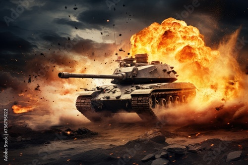 War tank firing, Army armor war gun artillery vehicle tank fire weapon military battle, Ai generated