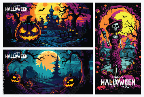 Illustrations halloween with pumpkins and haunted house character 