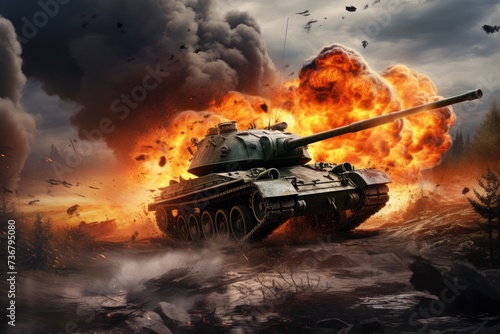 War tank firing, Army armor war gun artillery vehicle tank fire weapon military battle, Ai generated