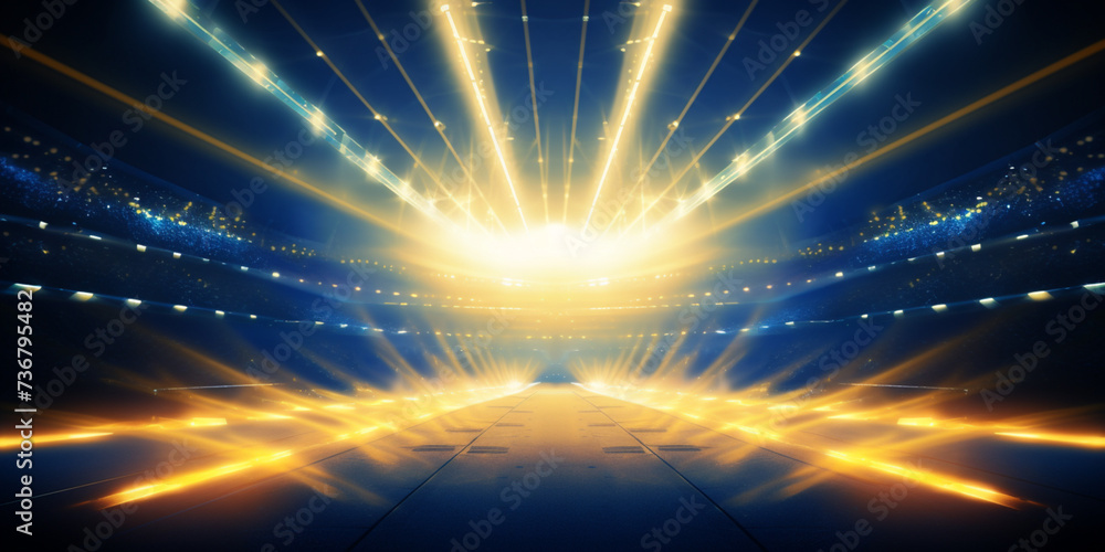 Naklejka premium Arena blue and yellow lights background, Stadium lights with ground rays