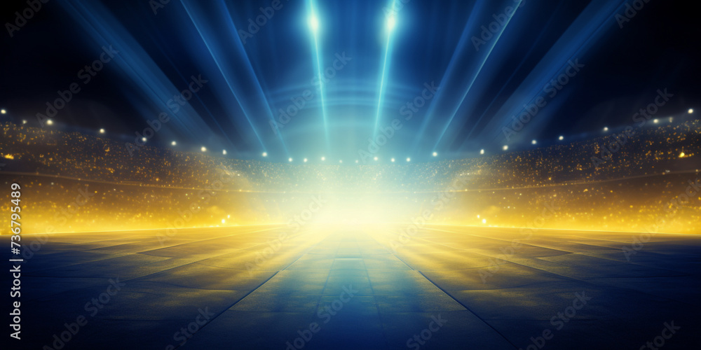 Arena blue and yellow lights background, Stadium lights with ground rays