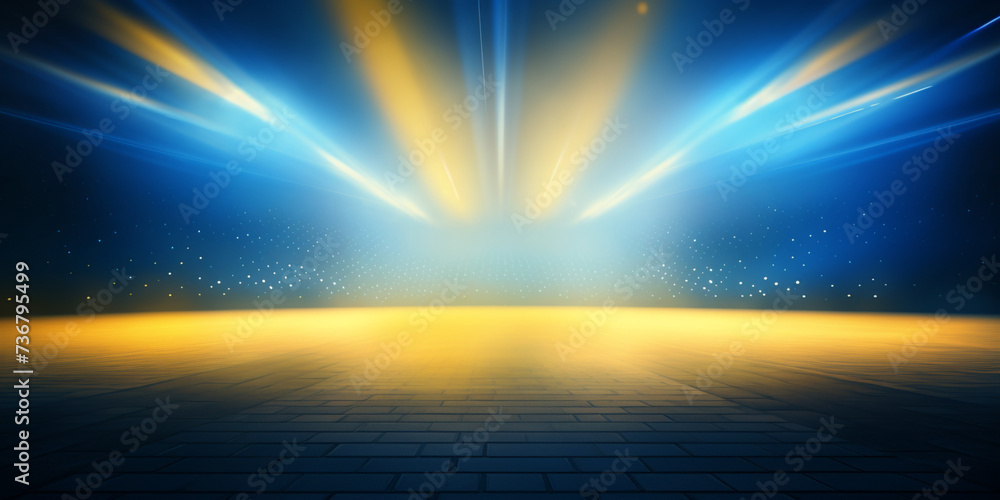 Arena blue and yellow lights background, Stadium lights with ground rays