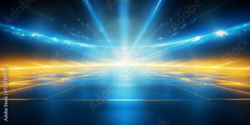 Arena blue and yellow lights background, Stadium lights with ground rays