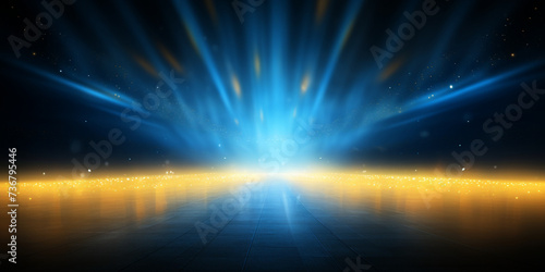 Arena blue and yellow lights background  Stadium lights with ground rays