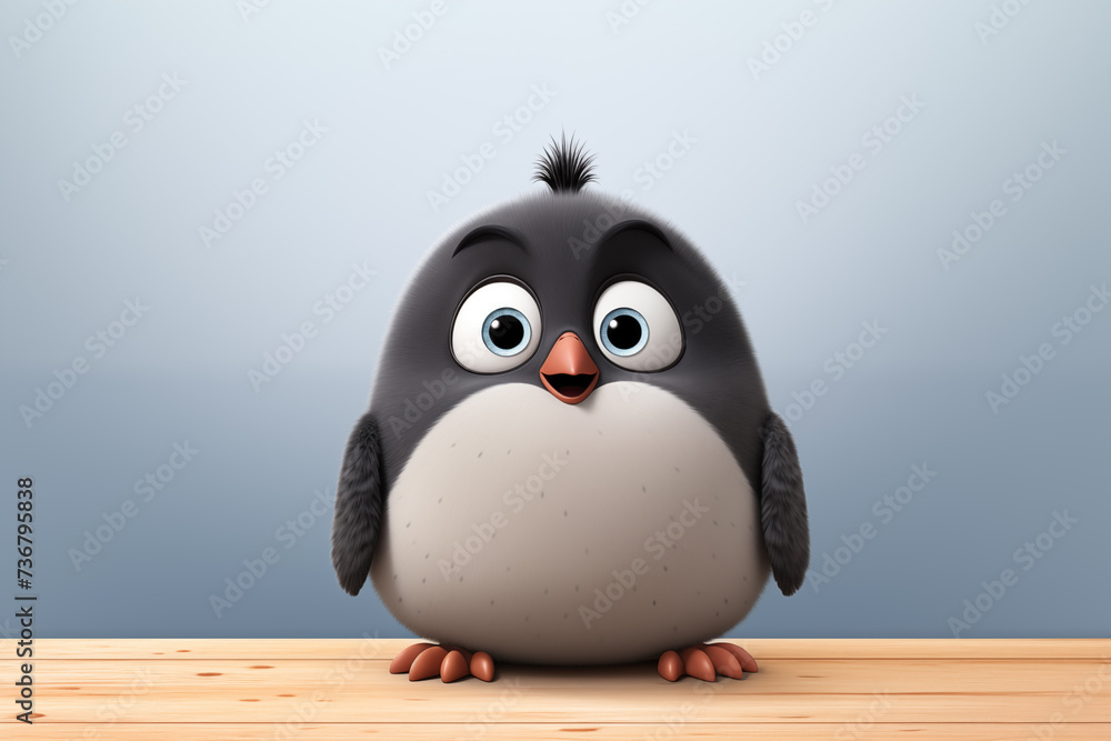 Obraz premium Playful 3D penguin sporting a hat, ready for wintery fun in the icy Antarctic , 3d illustration of cute penguin cartoon character standing on wooden table