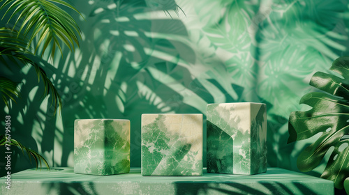 Podium beauty minimal display stage stand summer fashion abstract luxury plant. Minimal podium background texture green beauty shadow banner mockup wall stone leaf showcase cosmetic wallpaper sale art