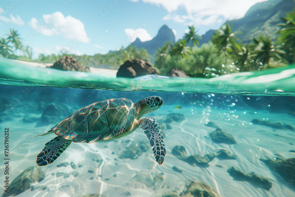 Sea turtle swimming in the ocean of a tropical island