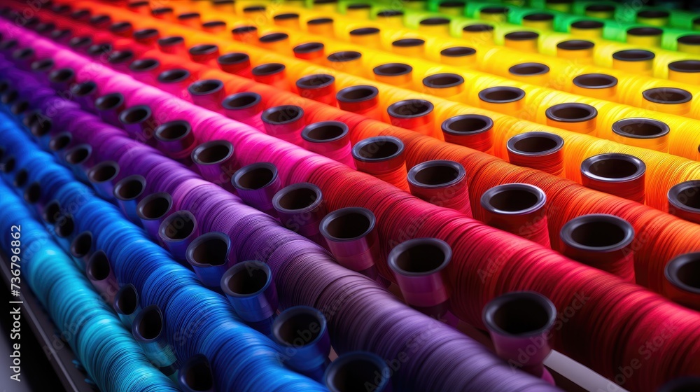 Vibrant rows of thread spools create a colorful tapestry, a symphony of hues. Ai Generated Vibrant rows of thread spools create a colorful tapestry, a symphony of hues. Ai Generated