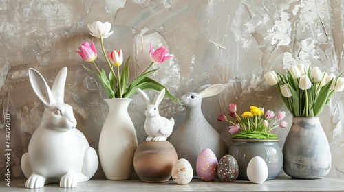 Interior design of easter dining room with colorful eggs  white hare sculptures  vase with tulips  plants  lamp  beige wall with stucco  gray hen and personal accessories. Home decor. Template