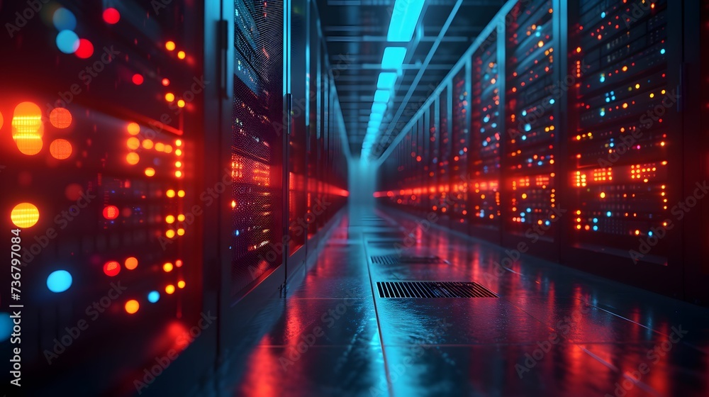 Futuristic Data Center with Glowing Red Servers