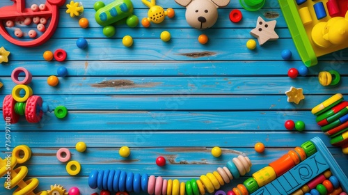 Adorable frame of baby and kids' toys set against a playful background, Ai Generated.