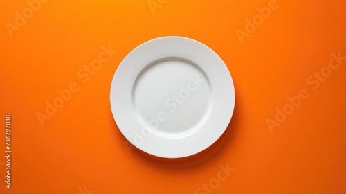 Top-down view of a white empty plate placed on a vibrant orange background, creating a striking contrast, Ai Generated.