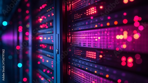 Server Room Data Center with Glowing Neon Lights