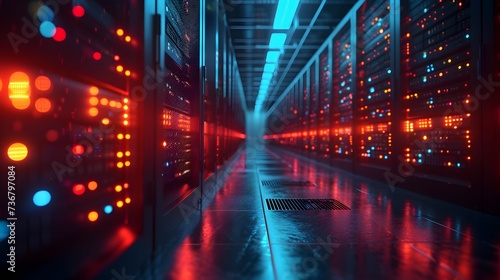 Futuristic Data Center with Glowing Red Servers