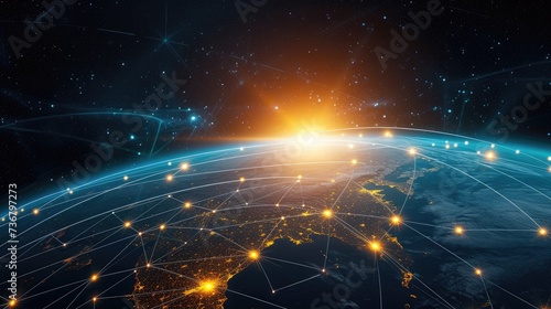 Earth's surface outlined by connection lines, symbolizing global connectivity, Ai Generated.