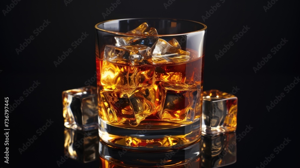 Whiskey glass, ice cubes, sleek black backdrop, Ai Generated. Whiskey glass, ice cubes, sleek black backdrop, Ai Generated.