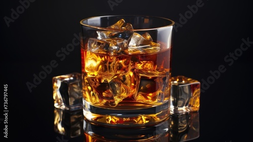 Whiskey glass, ice cubes, sleek black backdrop, Ai Generated.