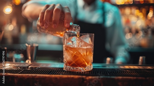 Barman's hand holds cocktail-filled glass on counter, Ai Generated.