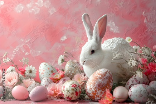 White Rabbit Amongst Easter Eggs and Flowers