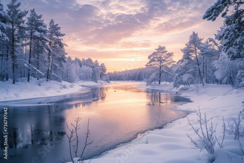 winter landscape of a frozen river or lake surrounded by snow-covered trees at sunset © Kien