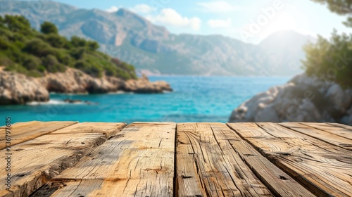 An empty wooden table, a tranquil stage, with a blurred view of a Greek island's coastline, Ai Generated.