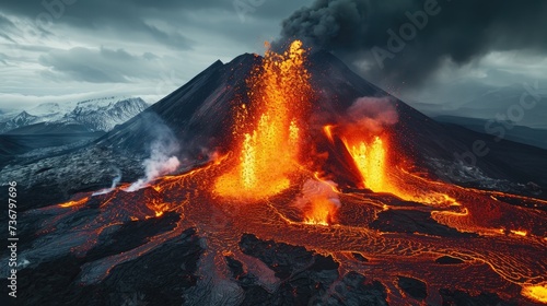 Volcanic eruption unleashes ash flow and molten lava  a fiery force of nature  Ai Generated.
