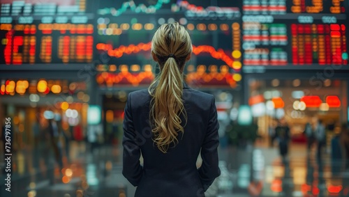 A businesswoman looking at stock markets screens