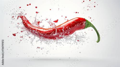 red chilli pepper flying with water splash isolated on white background. red chili water splash floating in the air