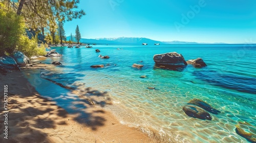 East Shore Beach, Lake Tahoe: calm turquoise waters under the sunny sky. Idyllic, Ai Generated.