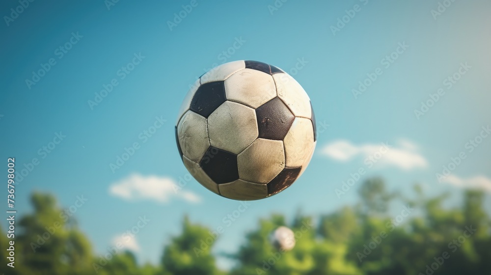 a soccer ball floating gracefully in mid-air. Dynamic suspension, Ai Generated.