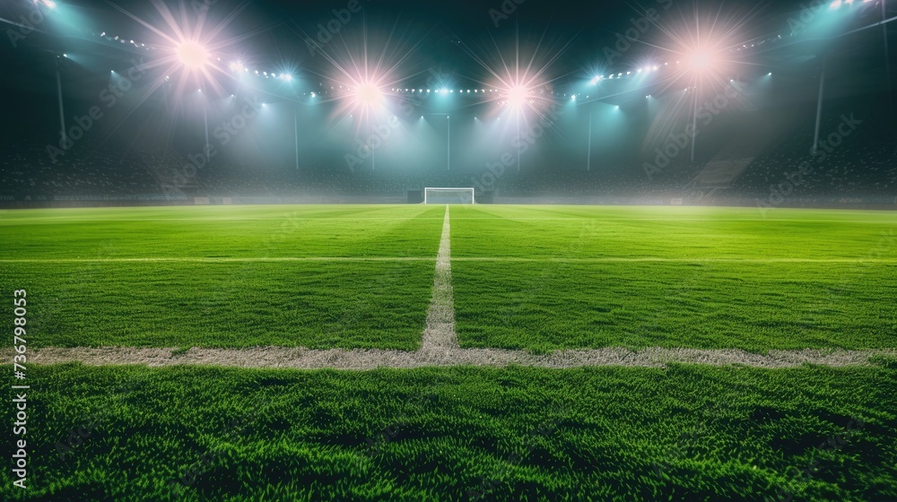 Green soccer field illuminated by bright spotlights, creating a vibrant and energetic atmosphere. Ai Generated.