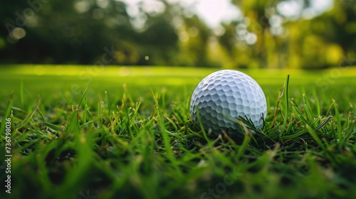 Golf ball close-up on grass, detailed view of sports precision. Ai Generated.