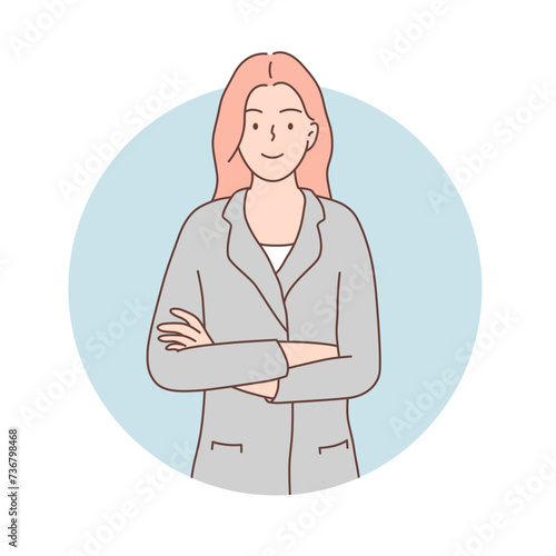 Businesswoman smiling happily, feeling happy, satisfied and relaxed, with crossed arms. Pastel color hand drawn style vector design illustration.