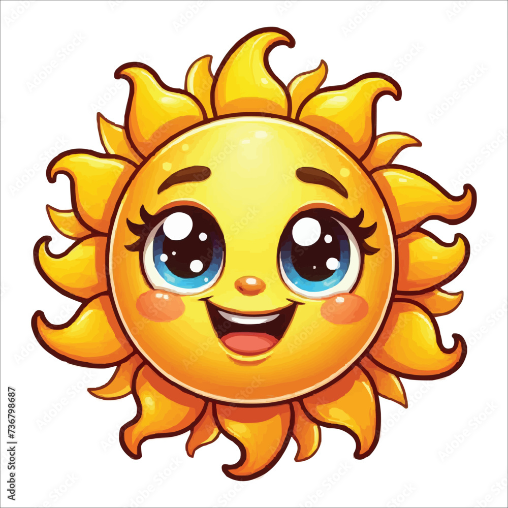 a smiling sun with big eyes and a smile on it's face is shown vector illustration