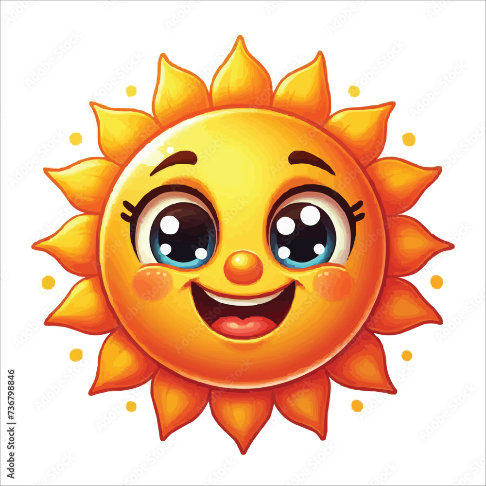 a smiling sun with big eyes and a smile on it's face is shown vector illustration