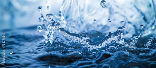 A close up of water splashing on a rock, showcasing the fluid nature of water in the natural landscape against an electric blue sky