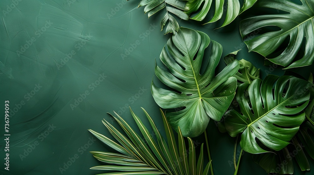 Fototapeta premium Close up of green palm leafs on a dark green background