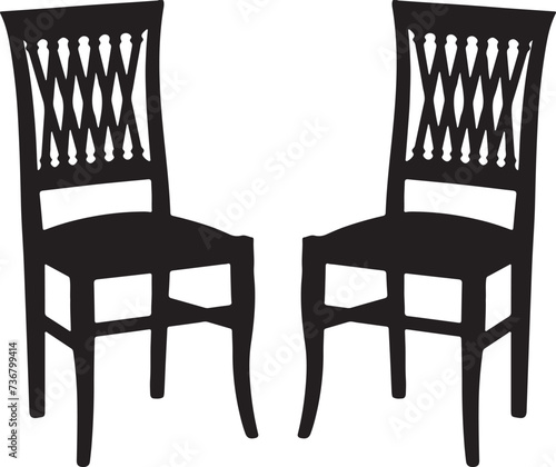 Two black wooden chairs with lattice backrest
