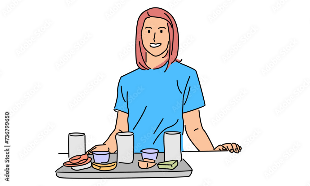 line art color of the waiter carries food on a tray line art color of the waiter carries food on a tray