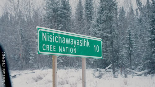 Provincial Green White Highway Marker Sign for Nisichawayasihk Cree Nation NCN Indian Aboriginal Indigenous First Nations Reserve Land in Northern Manitoba Thompson Canada photo