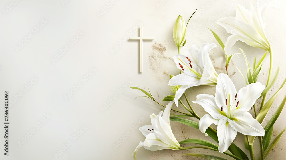 Easter concept, cross and blooming lilies , light background, flat lay, top view. Postcard template for the religious Great Holiday of Holy Easter Easter concept, cross and blooming lilies , light background, flat lay, top view. Postcard template for the religious Great Holiday of Holy Easter